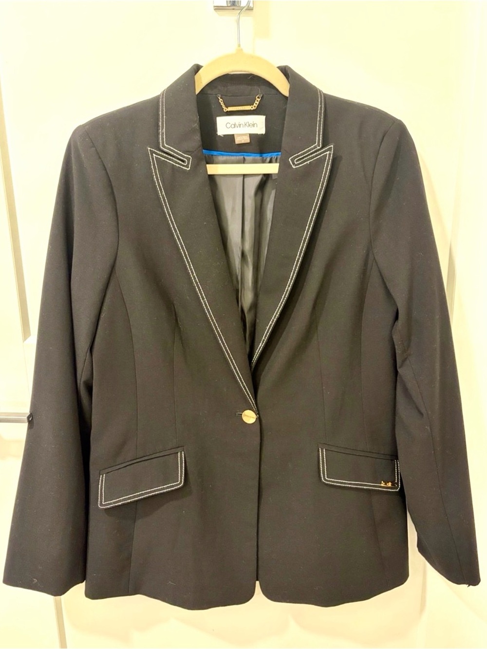 Calvin Klein Black Blazer Contrast Stitching Tailored Single Button Size 10